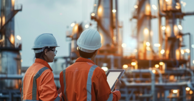 2 employés portant des combinaisons orange et des casques de protection échangent face aux installations d'une usine