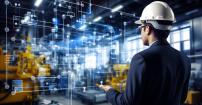 Visuel d'un homme en train de travailler sur sont ordinateur face au risques cyber symbolisés par des traits (les flus) et par des pictogrammes